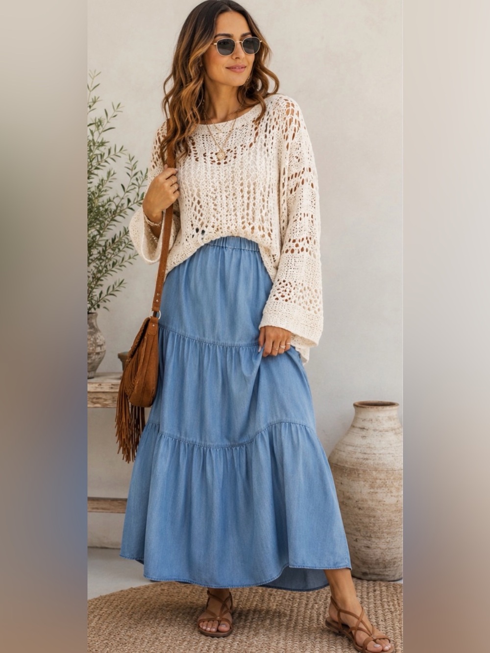 Tiered Chambray Medium Blue Midi Skirt